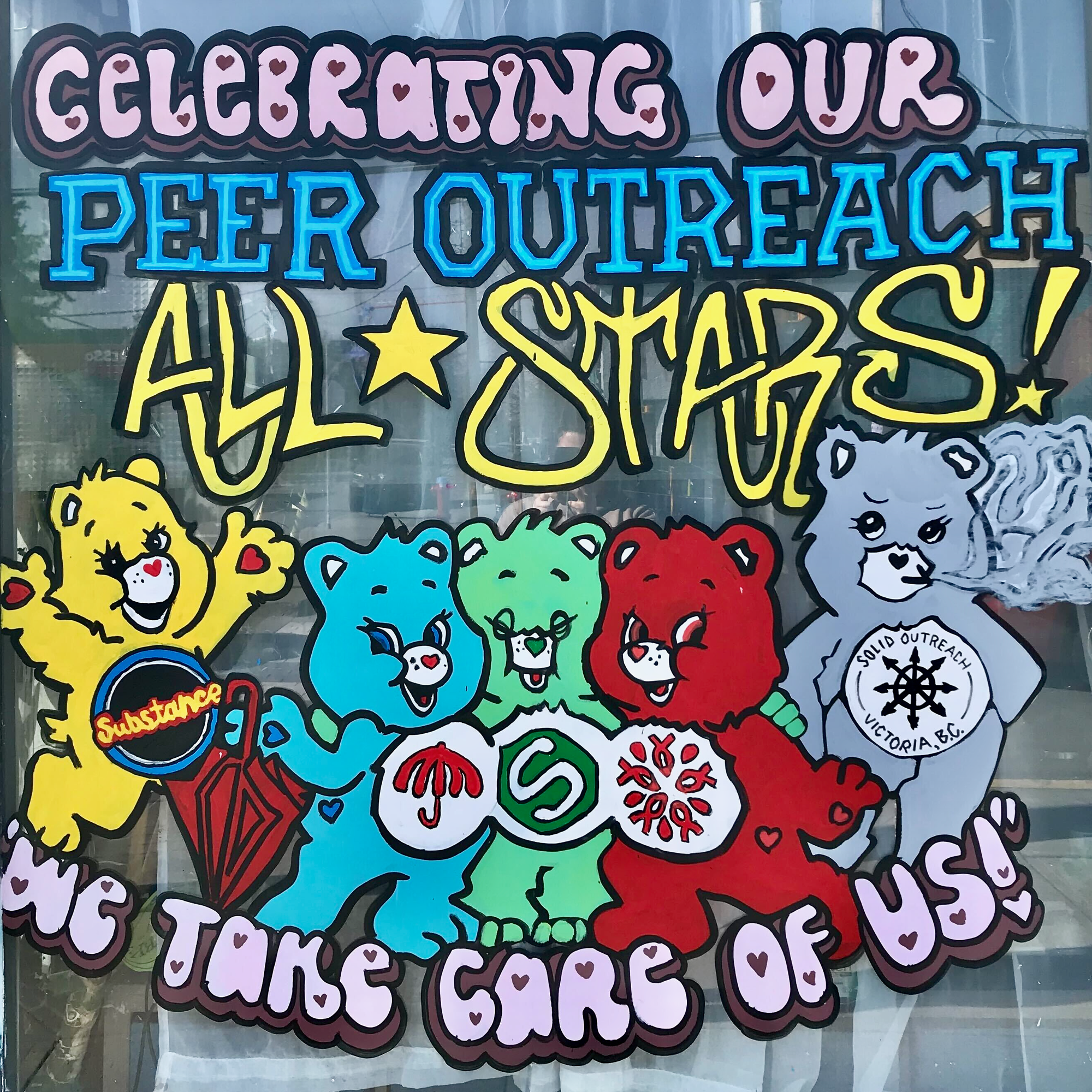 Substance window art by @darcie.dark representing Substance, Peers Victoria, SAFER, AVI, and SOLID as Care Bears.