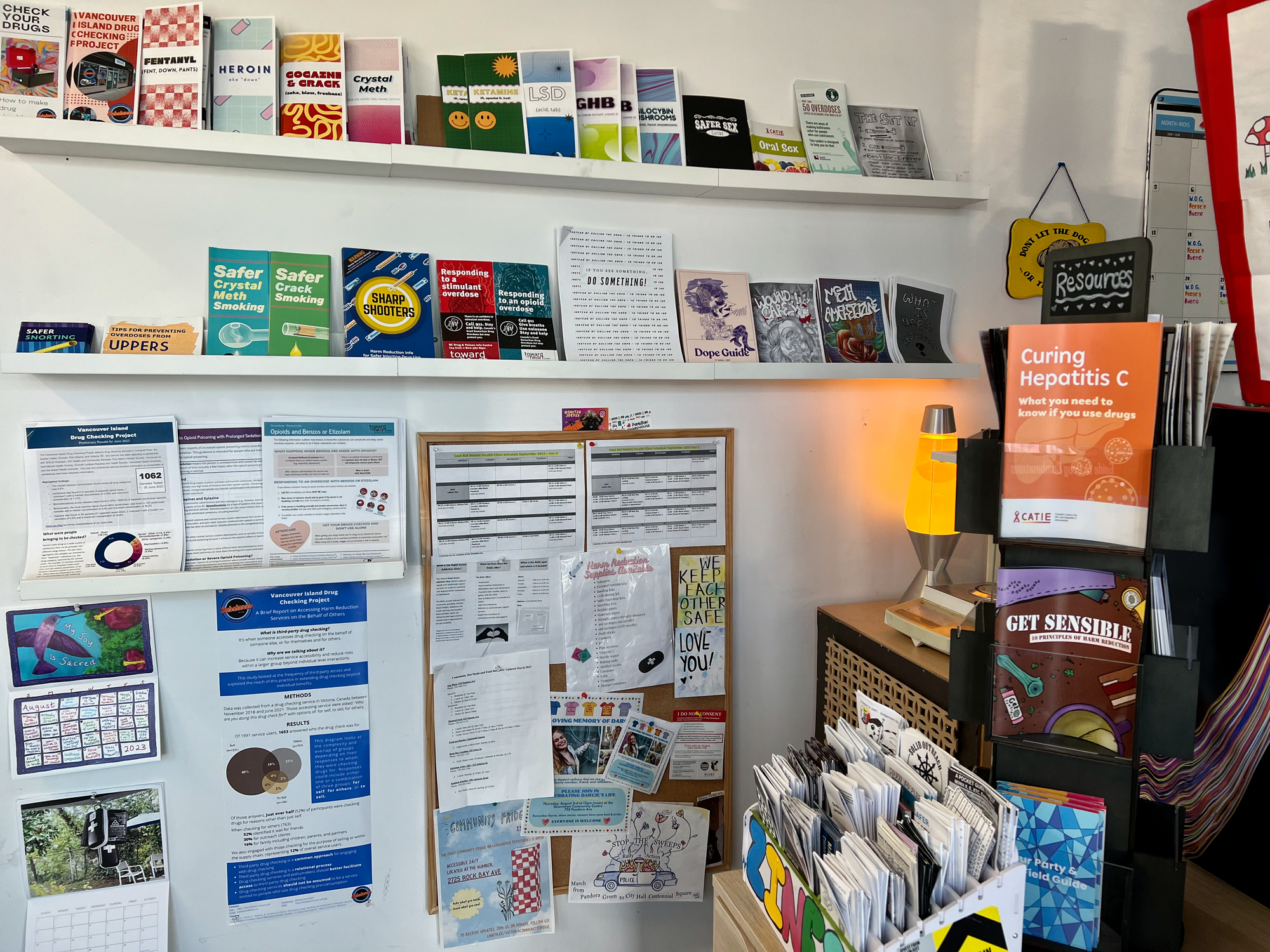 Pamphlets, zines, reports, affirmations, and local resources all to be found within Substance's harm reduction library 